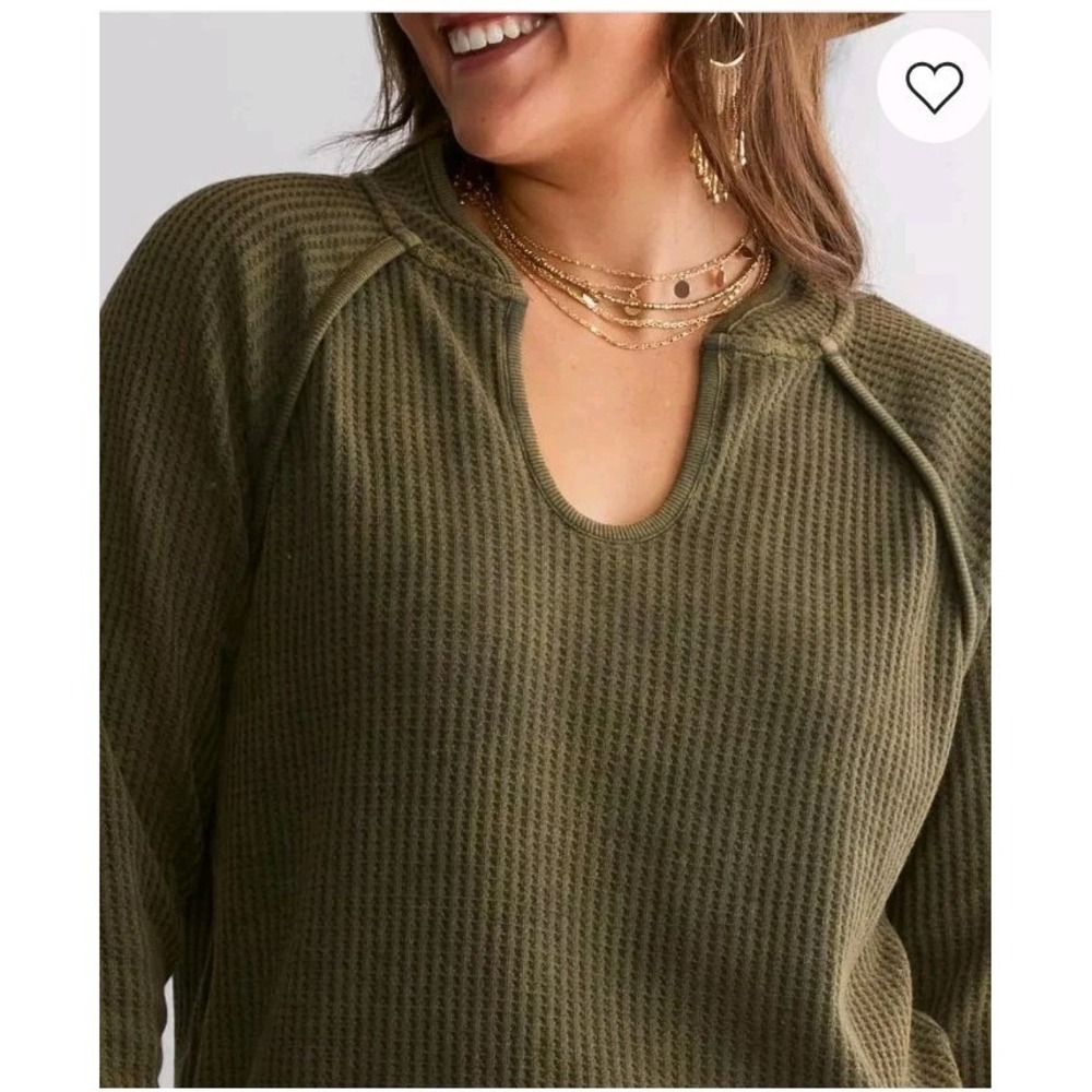 BKE Women's L Sweater Waffle Knit Olive‎ Green V Neck Raglan Sleeve Goth Grunge